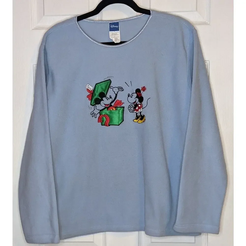 Disney Blue Mickey & Minnie Christmas Gift Long Sleeve Fleece Pullover Top L - Picture 3 of 10